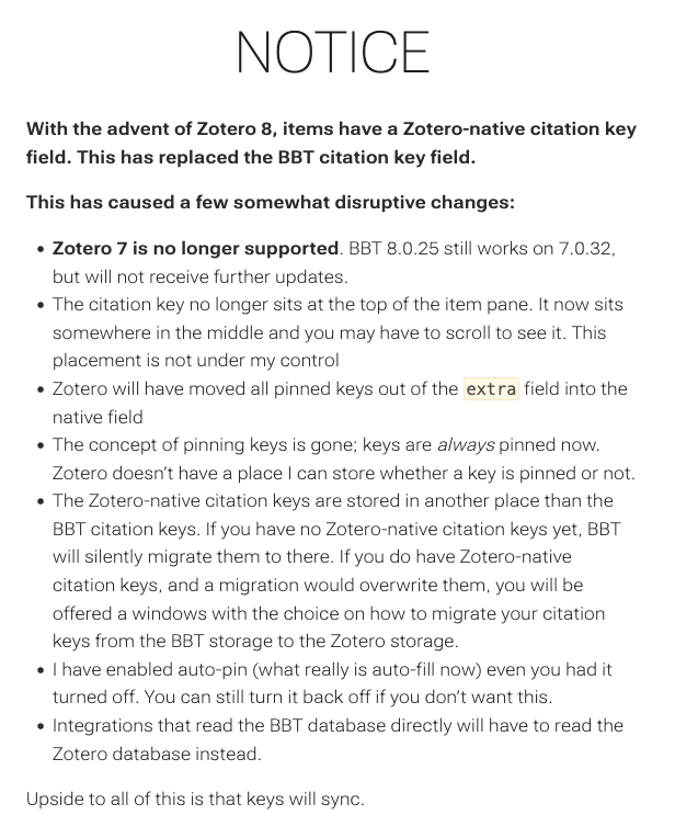 A large notice on the disruptions caused by Zotero 8.