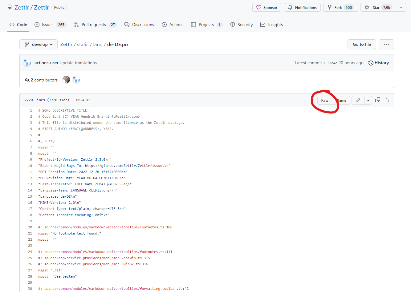 After clicking on the corresponding PO-file you would like to edit - here: the German PO-file -, click the Raw-button to download the file.