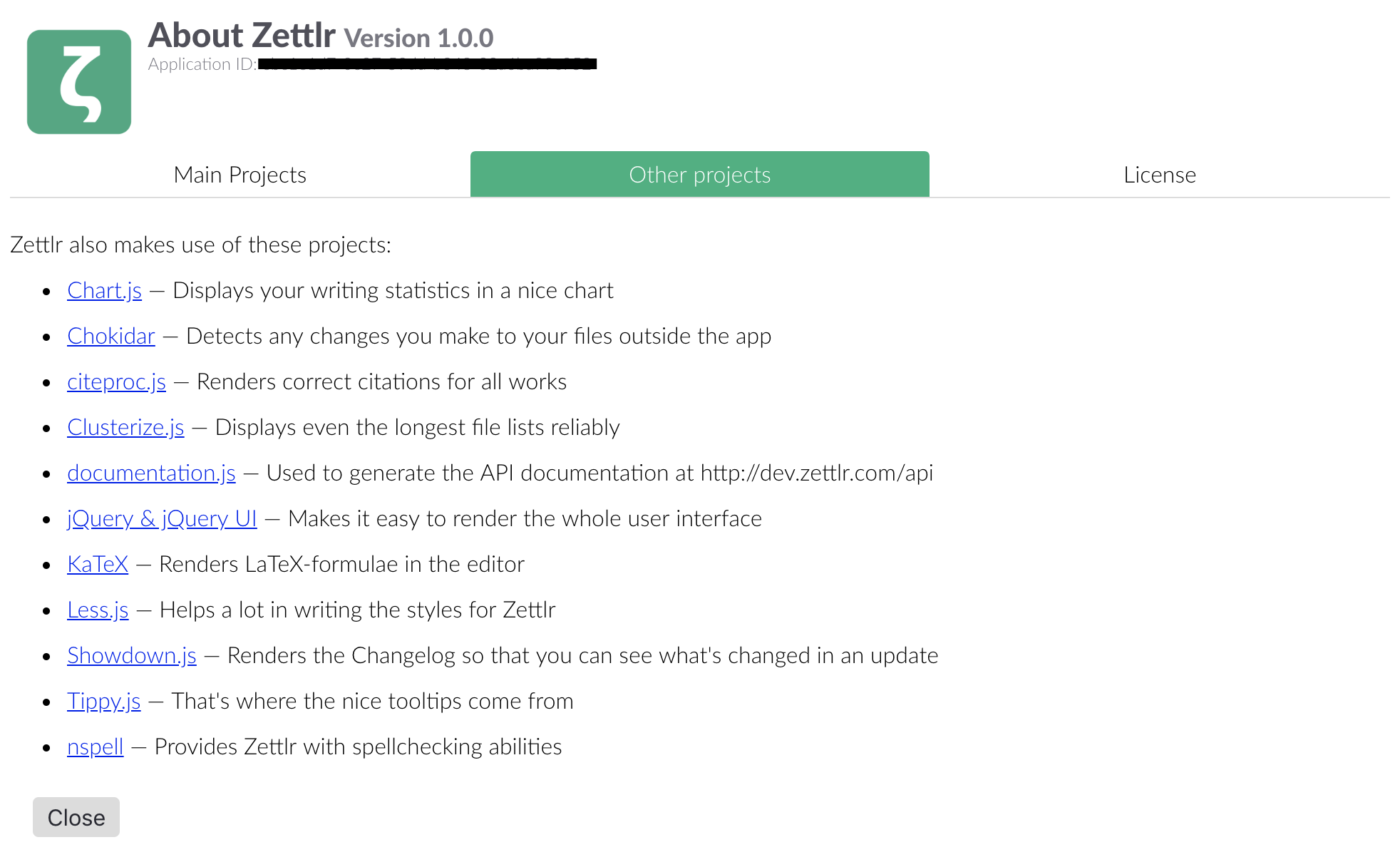 The "Other Projects" tab of the Zettlr about dialog