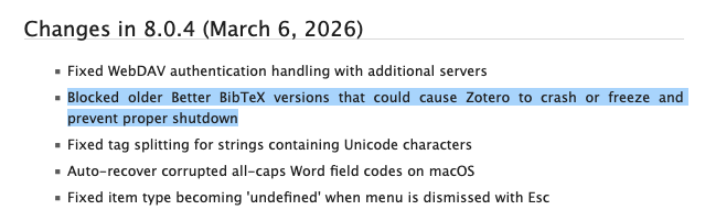 Screenshot of the Zotero changelog featuring an explicit mention of BBT